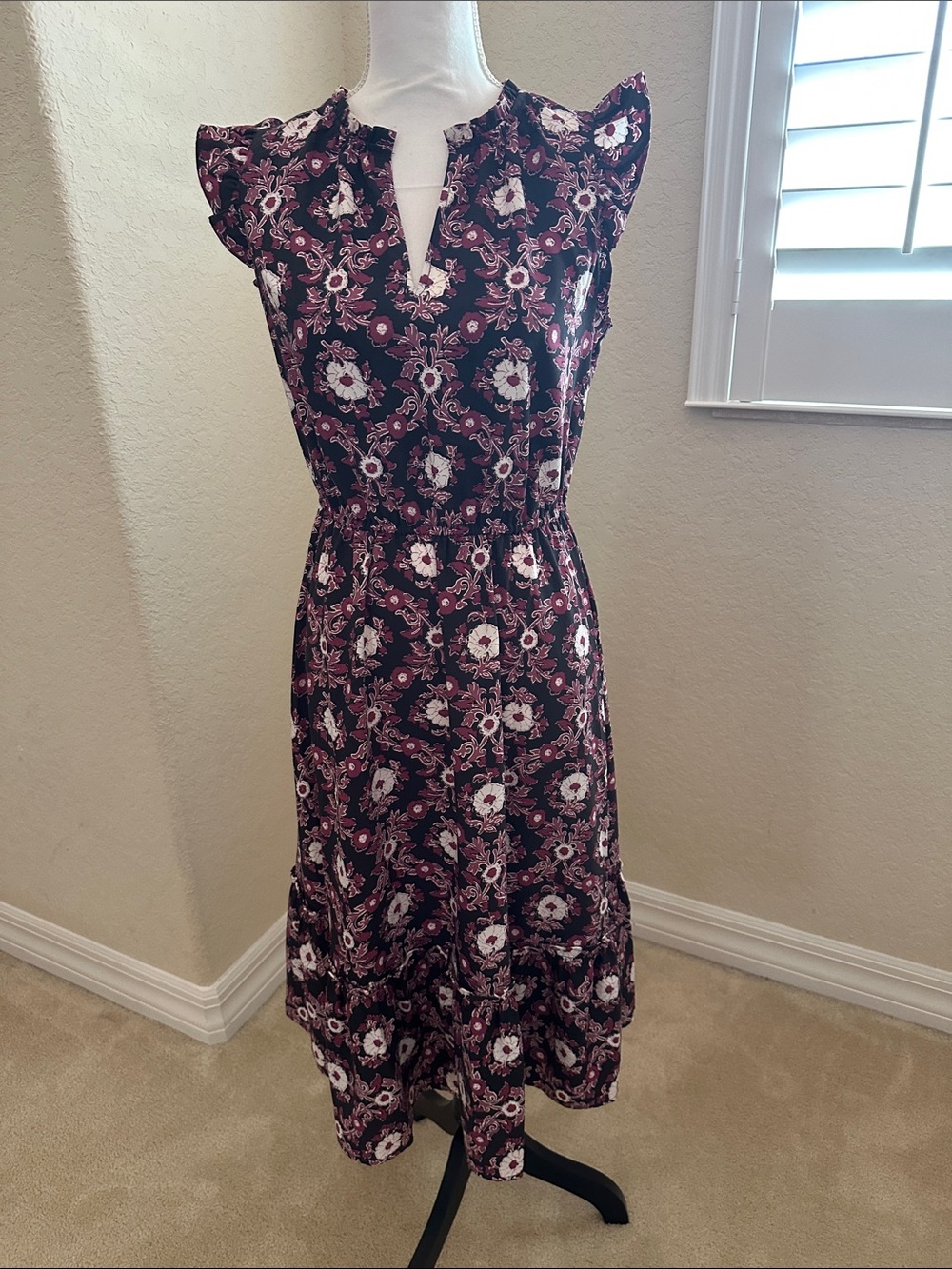 LOFT Black Floral Midi Dress with Burgundy and White Accents size Small